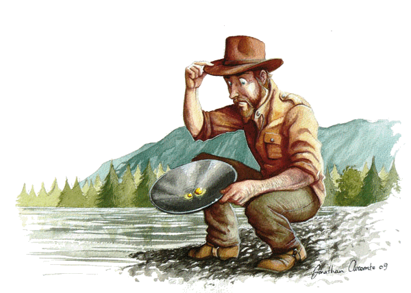 dessin de chercheur d'or avec batée dans rivière de Jonathan Aucomte