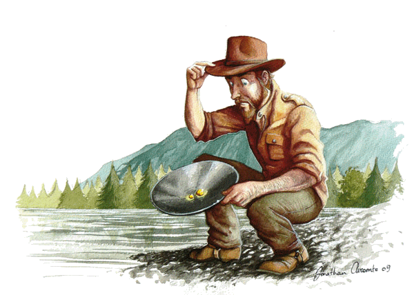 dessin de chercheur d'or avec batée dans rivière de Jonathan Aucomte dessin de chercheur d'or avec batée dans rivière de Jonathan Aucomte